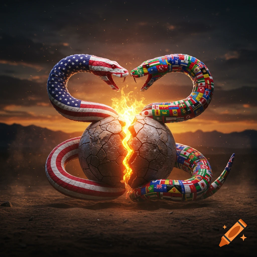 Two stylized snakes, one with an American flag pattern and the other covered in world flags, coil around a fiery, cracked earth globe at sunset.