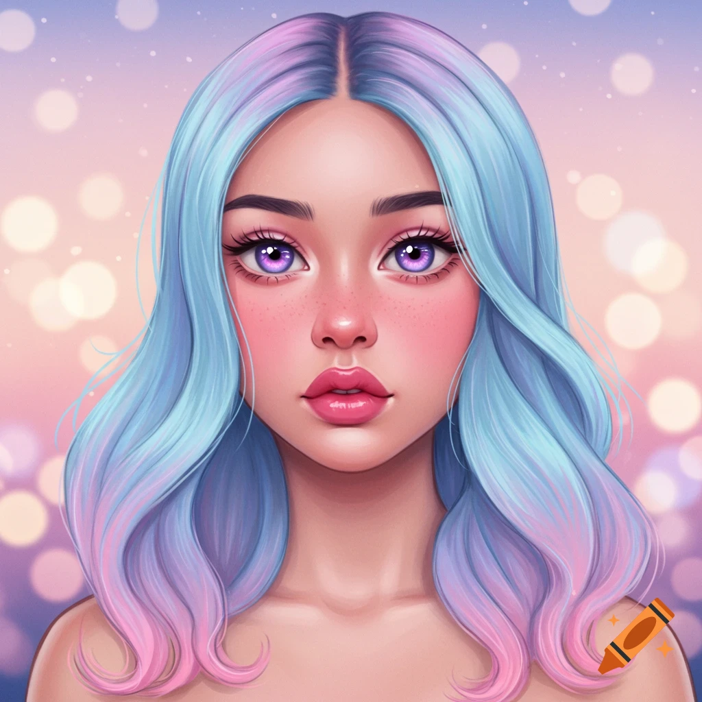 Stylized digital art portrait of a young woman with pastel blue and pink wavy hair, purple eyes, and a bokeh background.