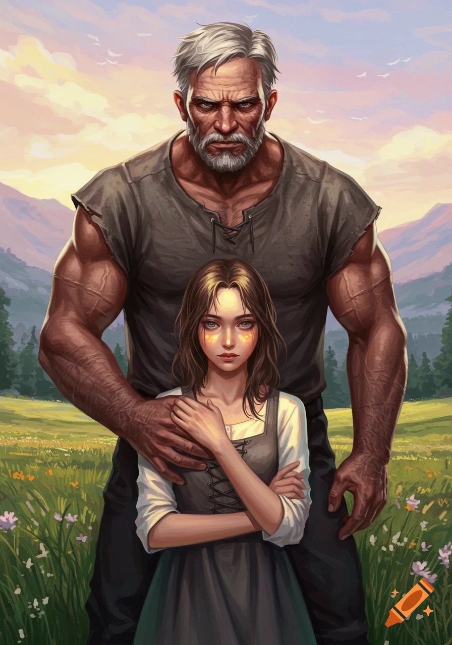 Digital painting of a muscular, grey-haired old man protectively standing behind a young woman in a meadow with mountains at sunset.