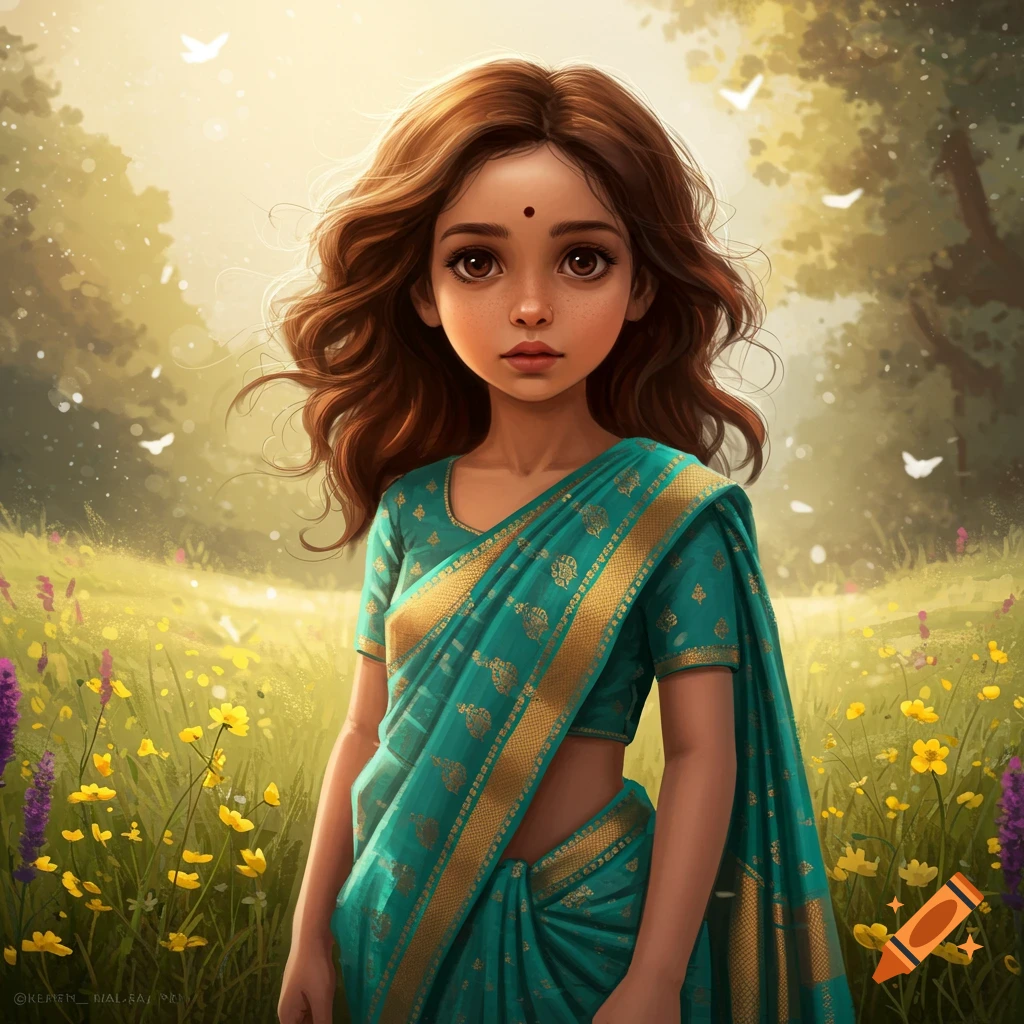 An illustrated, dreamy portrait of a young girl in a teal and gold sari with a bindi, standing in a sunlit field of yellow and purple flowers.