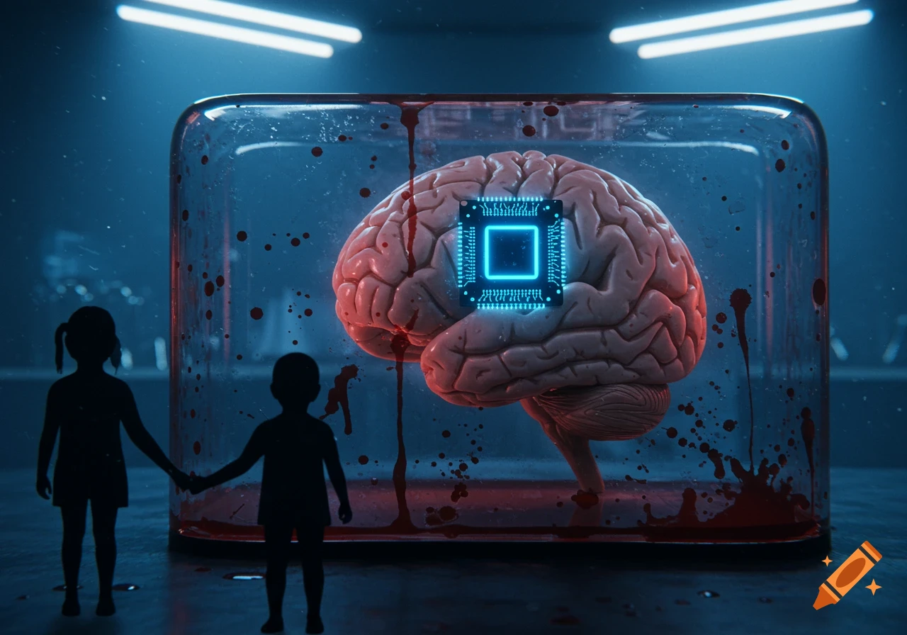 A brain with a glowing microchip in a blood-splattered glass jar, watched by two child silhouettes in a dark lab.