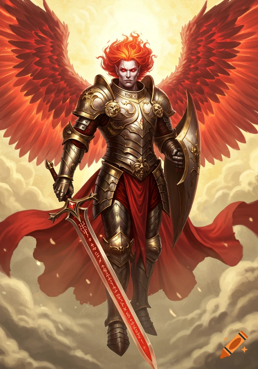 Muscular angel with fiery red hair, red-gold wings, golden armor, red cape, holding a runic great sword and shield, standing in a cloudy sky.