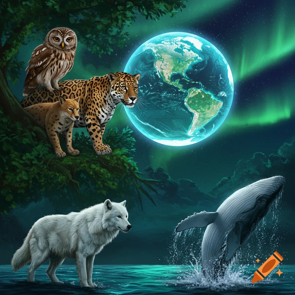 Digital art of an owl, jaguar, and smaller cat on a tree, a white wolf in water, and a breaching whale under a glowing Earth and aurora.