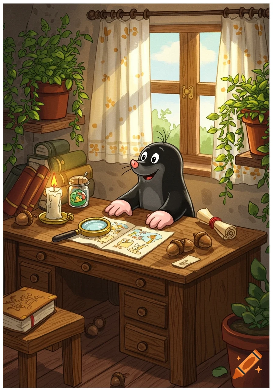 A cute cartoon mole, Krtek, sits at a wooden study desk with a magnifying glass and book, in a cozy room with plants.