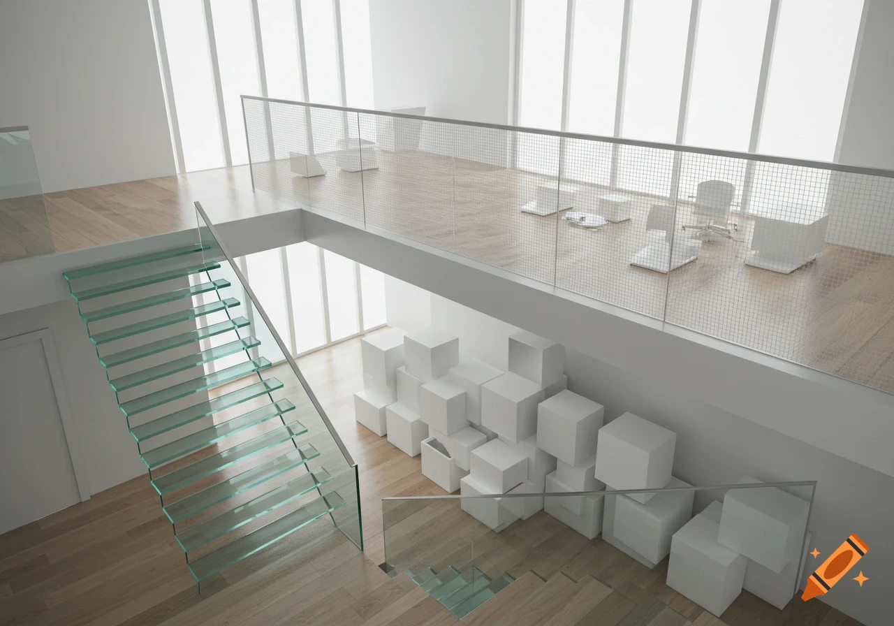 Modern, minimalist interior design featuring a glass staircase, a mezzanine with a metal grid railing, and a stack of white cubes.