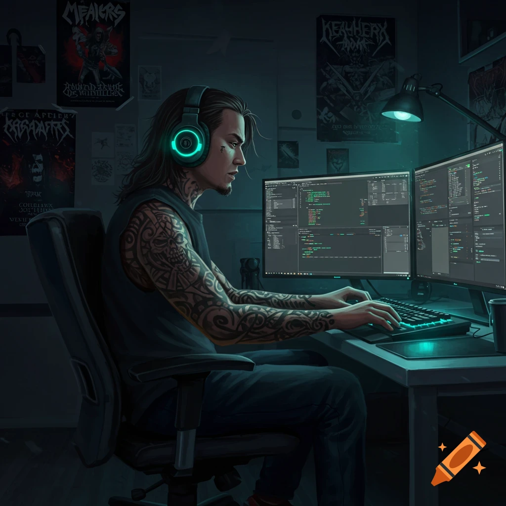 A long-haired man with tattoos and glowing headphones is programming on two computer monitors in a dark room with metal band posters.