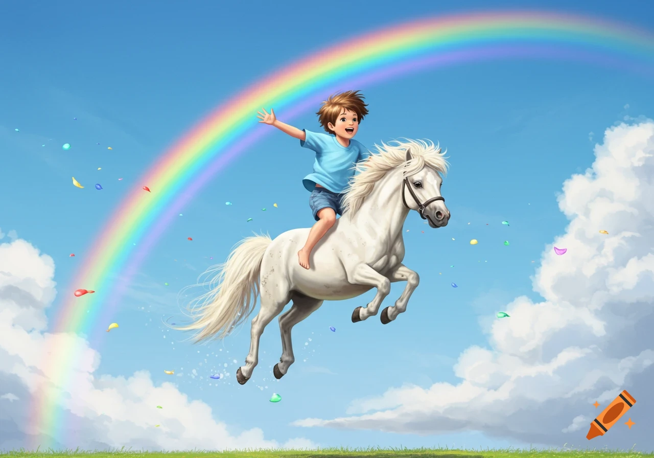 An illustration of a young boy riding a white horse, jumping high in a bright blue sky with a rainbow and colorful floating petals.
