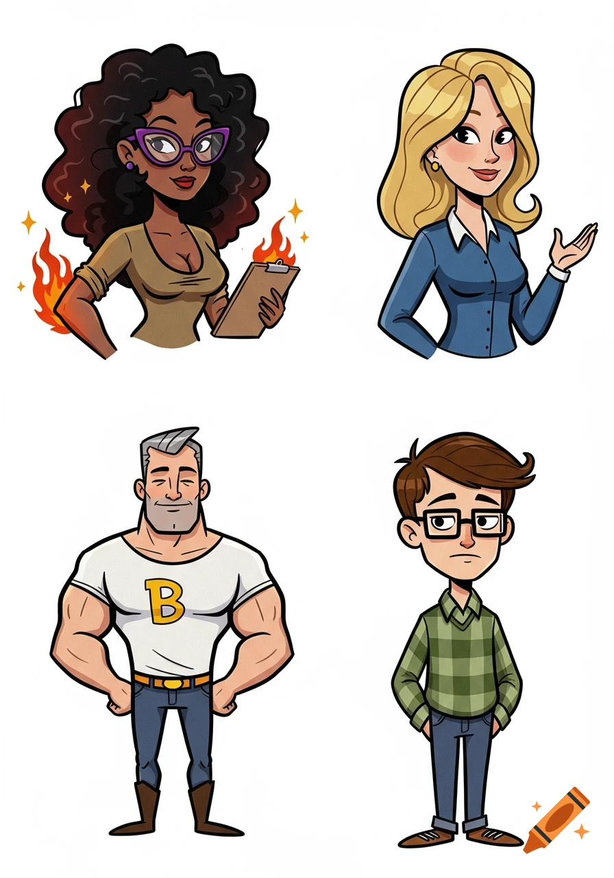 Four vintage-style cartoon characters: a woman with curly hair and glasses, a blond woman, a muscular man with a 'B' shirt, and a nerdy man.