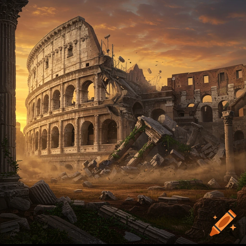 The Roman Colosseum collapsing into a pile of rubble and dust under an orange sunset sky.