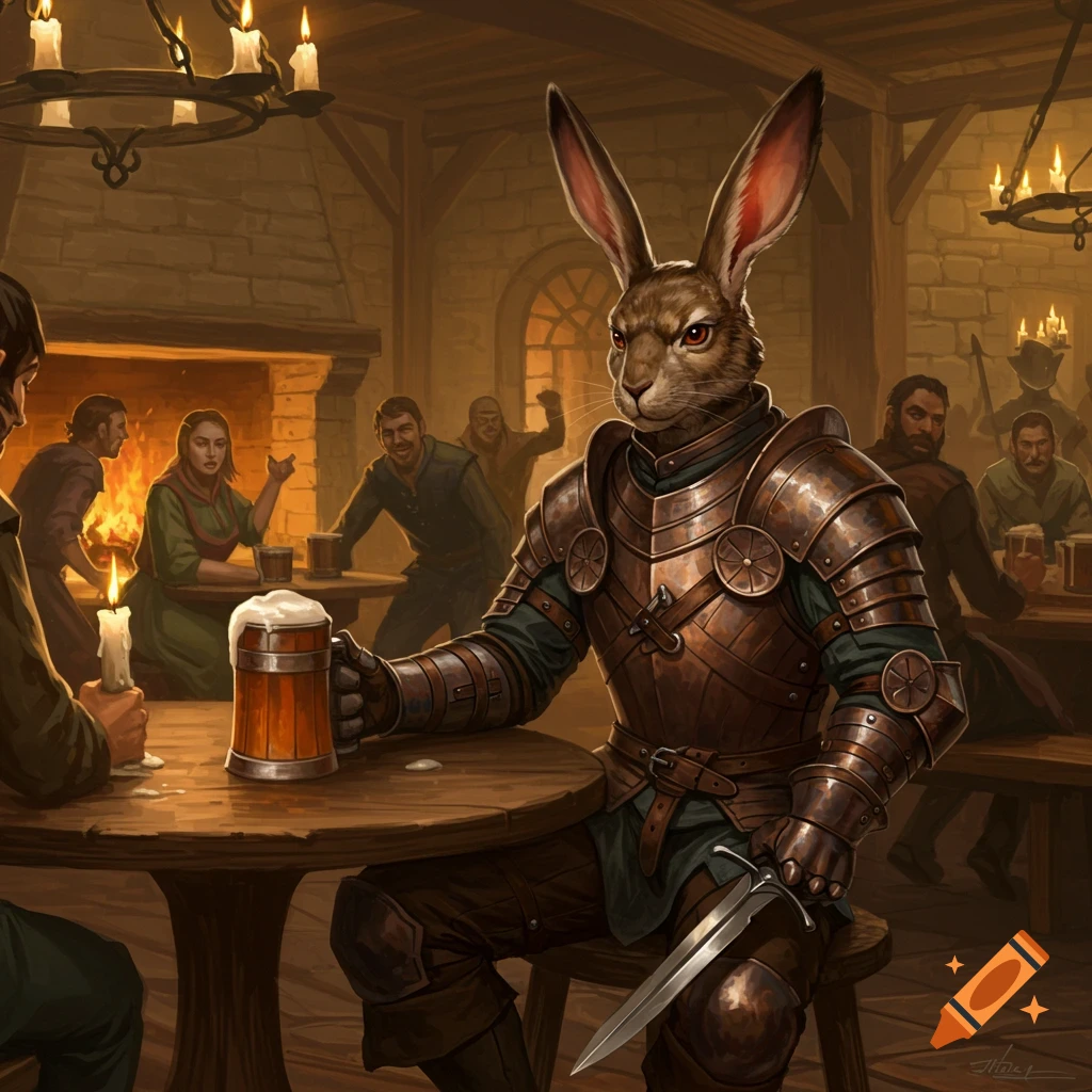 An anthropomorphic rabbit knight in plate armor sits at a tavern table holding a beer and a dagger. Other patrons are in the warm, firelit background.