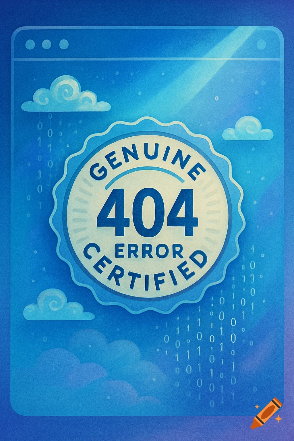 Stylized blue illustration of a web page with a 'GENUINE 404 ERROR CERTIFIED' badge, clouds, and binary code.