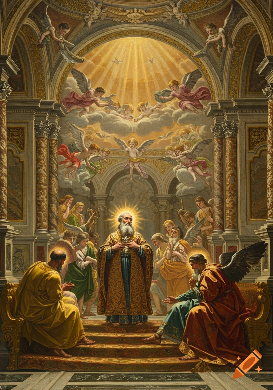 Baroque revival painting depicting a saintly figure with a halo amidst angels and other figures in a grand church interior under divine light.