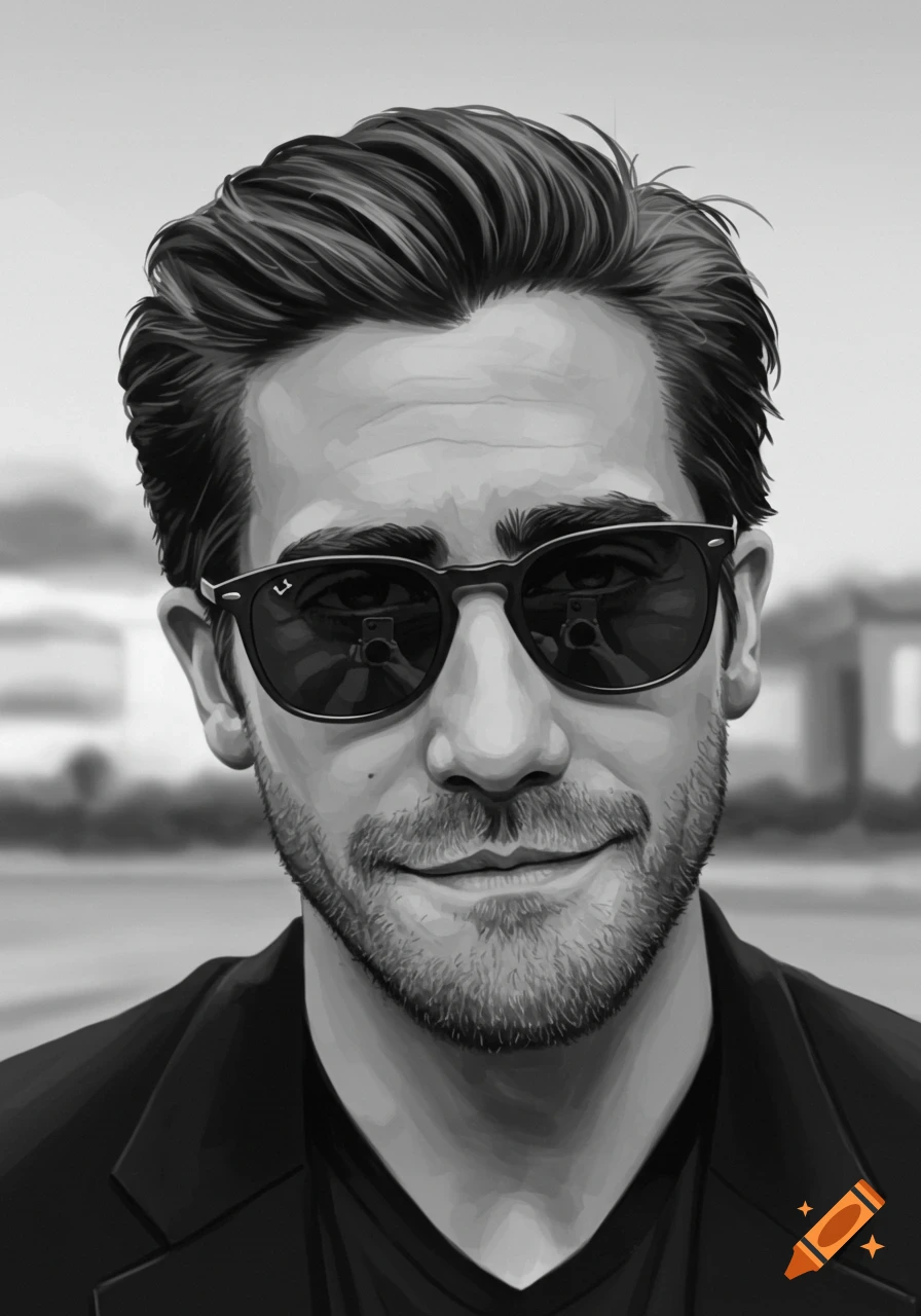Close-up black and white illustration of a man resembling Jake Gyllenhaal wearing sunglasses, looking forward with a slight smile. The reflection in his sunglasses shows a camera.
