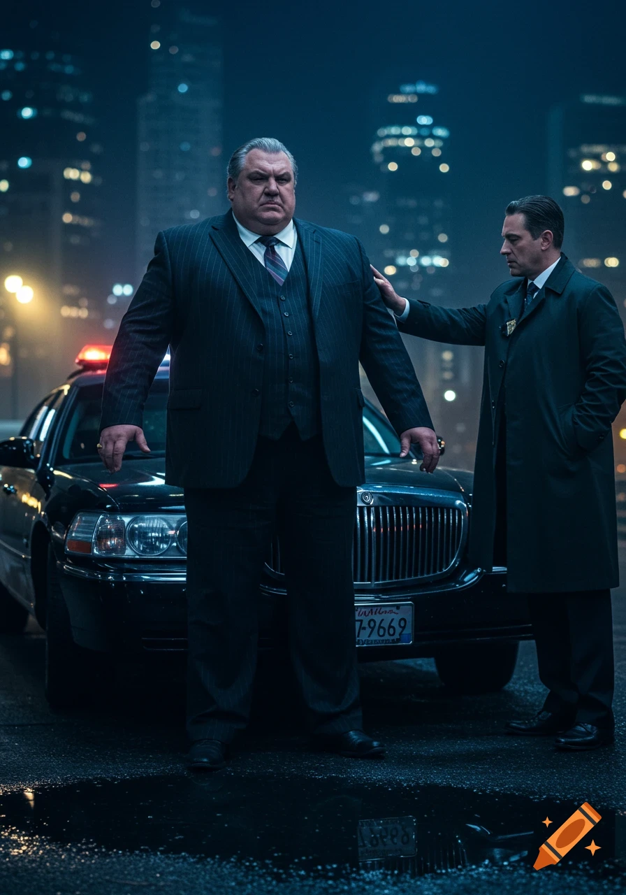 A large, stern man in a pinstripe suit stands by a police car at night, as a detective in a trench coat places a hand on his shoulder.
