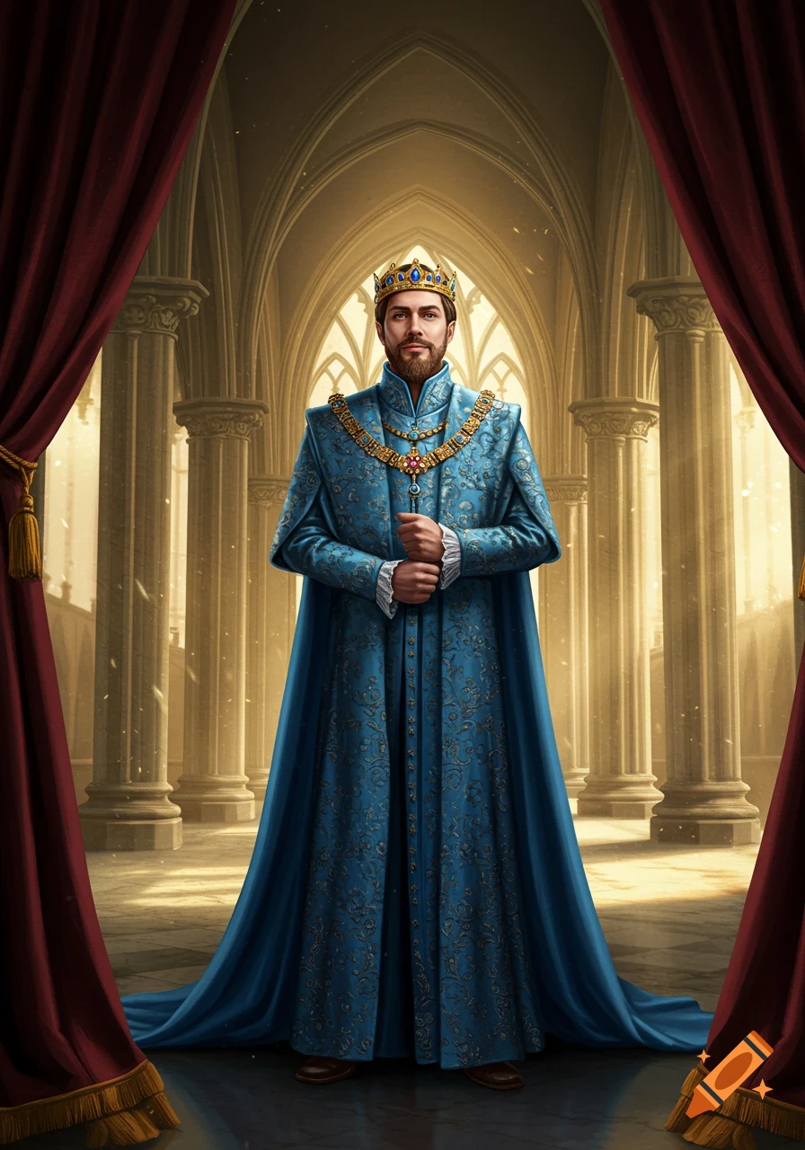 A regal king in an ornate blue robe and gold crown stands in a grand hall.