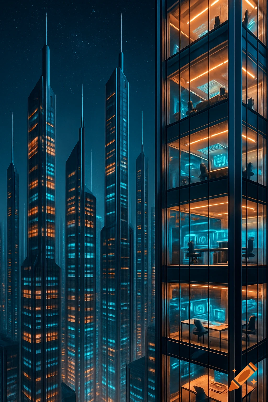 A futuristic cityscape at night with towering skyscrapers, illuminated by glowing orange and blue lights, showing offices inside.