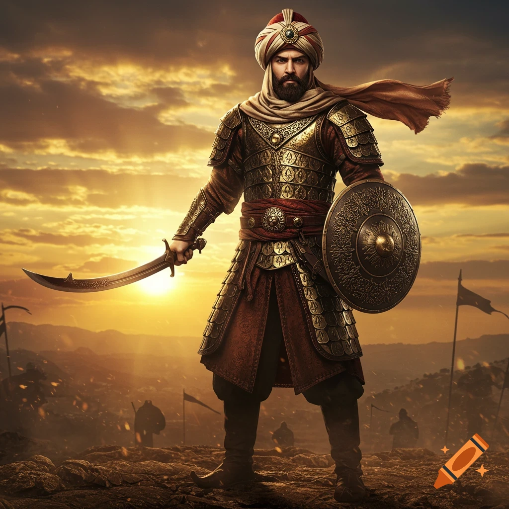An epic Ottoman warrior in ornate armor, turban, curved sword, and shield stands heroically at sunset in a cinematic fantasy style.