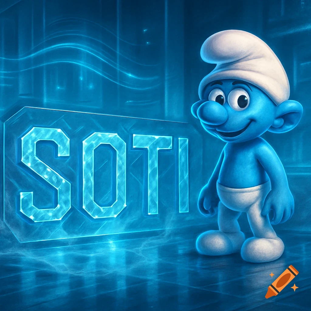 A blue Smurf character stands beside a glowing, icy 'SOTI' sign in a futuristic blue setting.