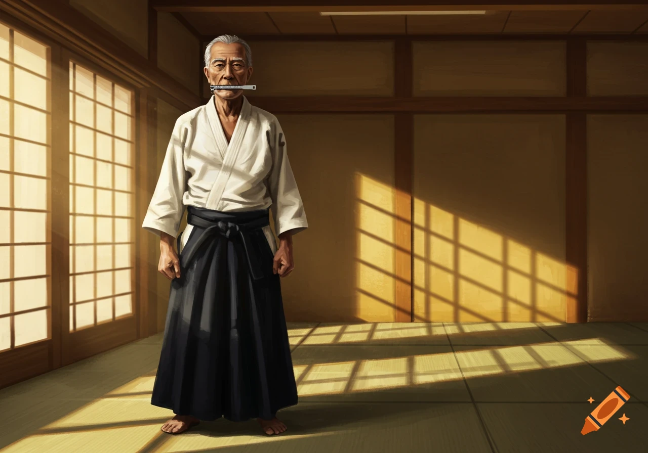 An old Asian man in an Aikido gi with a zipper for a mouth stands in a sunlit dojo.