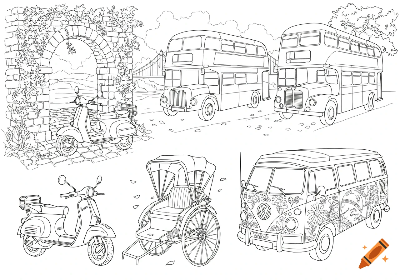 A black and white coloring page showing various vehicles like scooters, double-decker buses, a rickshaw, and a VW van, with architectural elements.