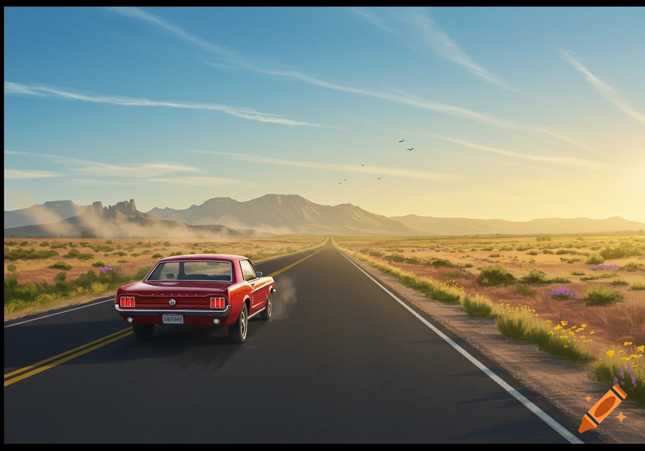 A red vintage car drives down a long desert road towards mountains at sunset in a stylized illustration.