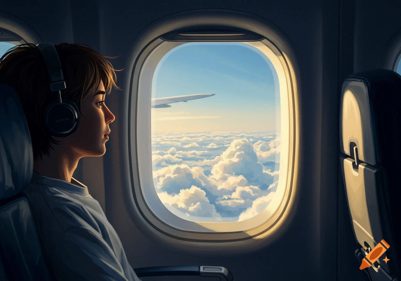 A person with headphones sits on an airplane, looking out the window at the clouds and the wing during sunset.