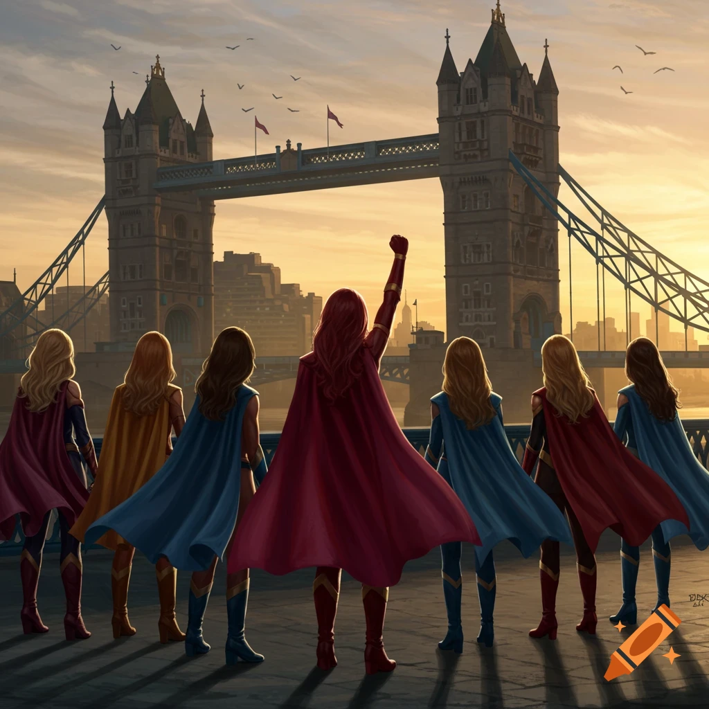 Six superhero women in capes pose from behind with one arm raised, facing Tower Bridge in London at sunset.