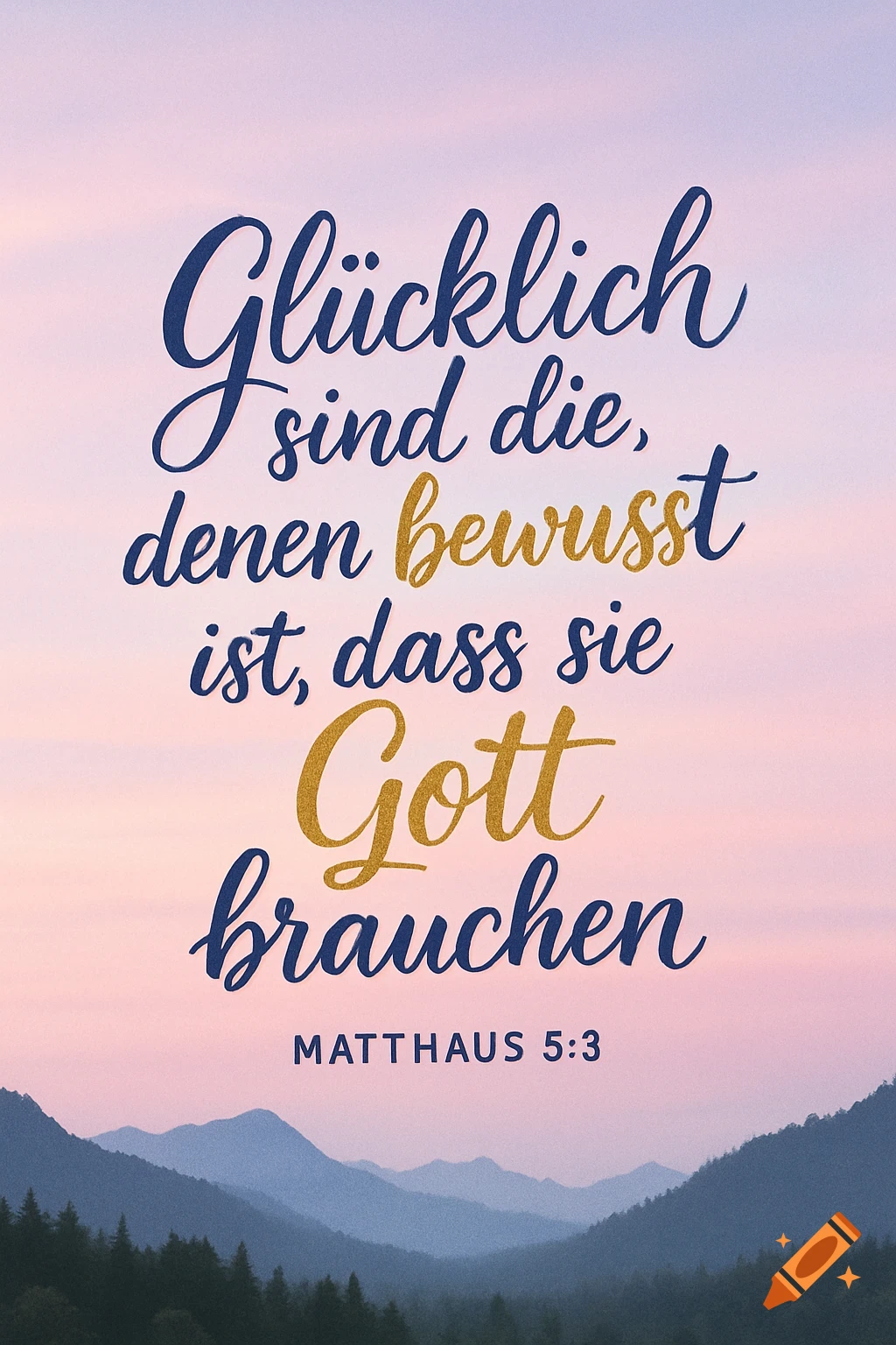 German bible quote "Glücklich sind die, denen bewusst ist, dass sie Gott brauchen" (Matthew 5:3) over a mountain landscape at sunset.