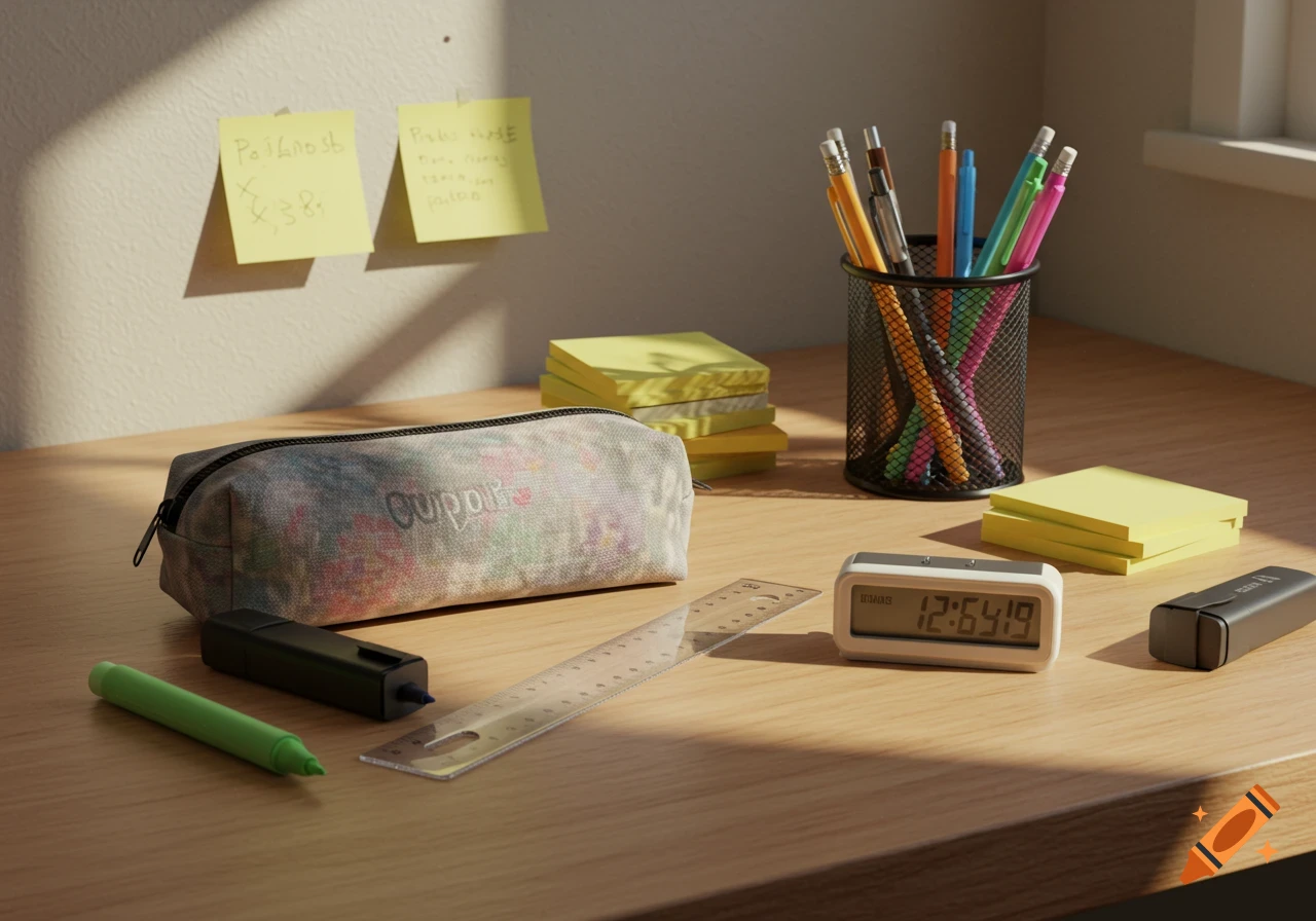 An ultrorealistic photo of an organized wooden desk with various stationery items under natural daylight from a window.