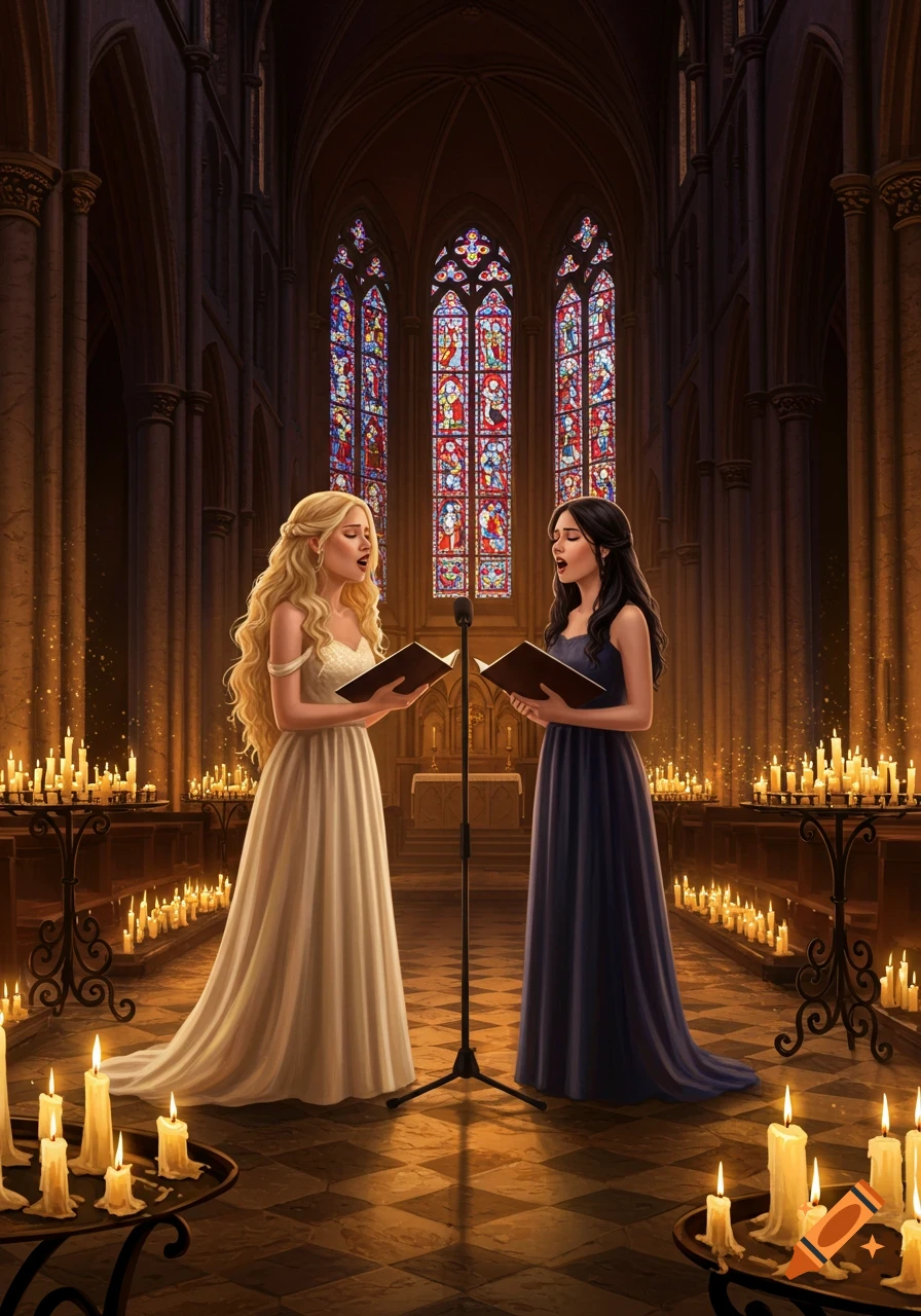 Two women in long dresses sing from books in a grand, candlelit cathedral with colorful stained glass windows, in an illustrative style.