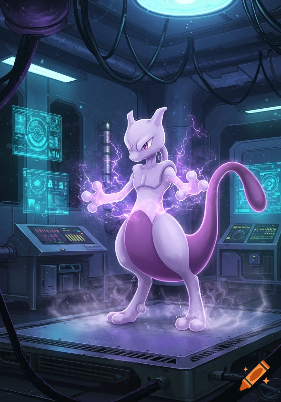 Mewtwo stands powerfully in a futuristic lab, surrounded by glowing purple energy and screens displaying data.