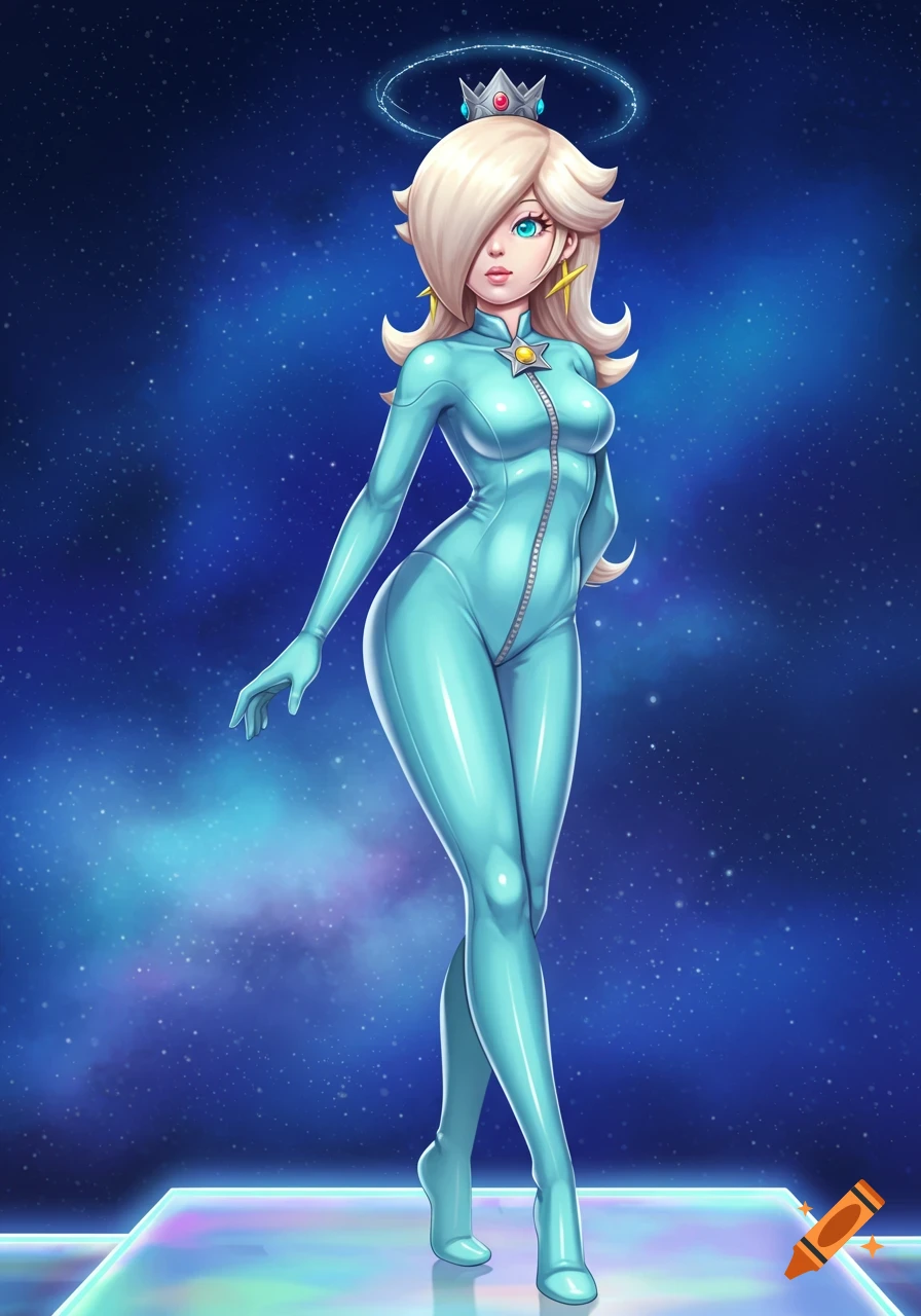 Rosalina in a tight light blue zipper jumpsuit stands on a reflective platform against a starry space background, illustration.