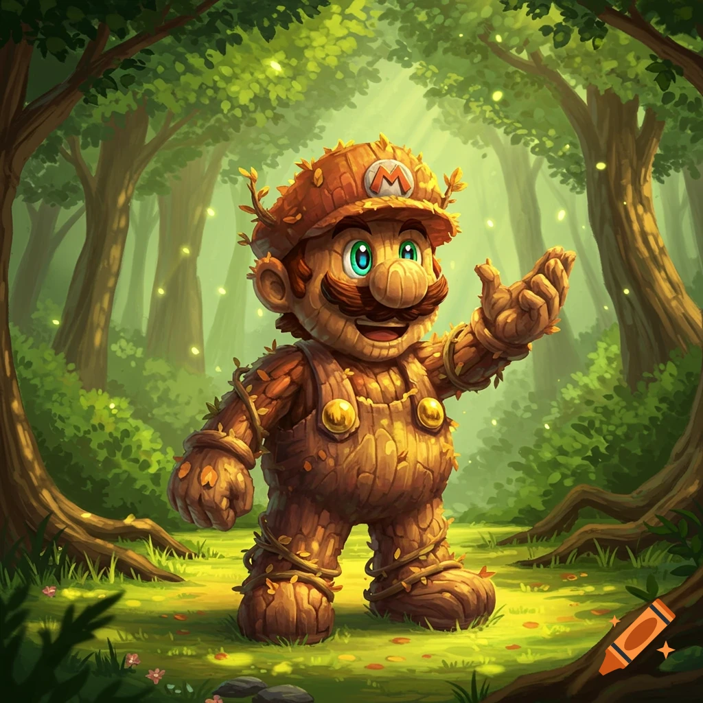 A wooden, leaf-covered Mario stands in a magical forest with glowing particles, raising one hand.