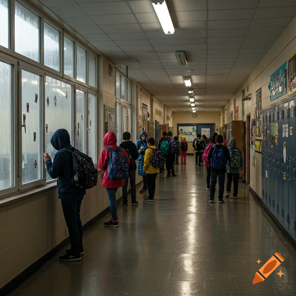 Photorealistic image of students in a school hallway on a rainy day, some looking out wet windows.