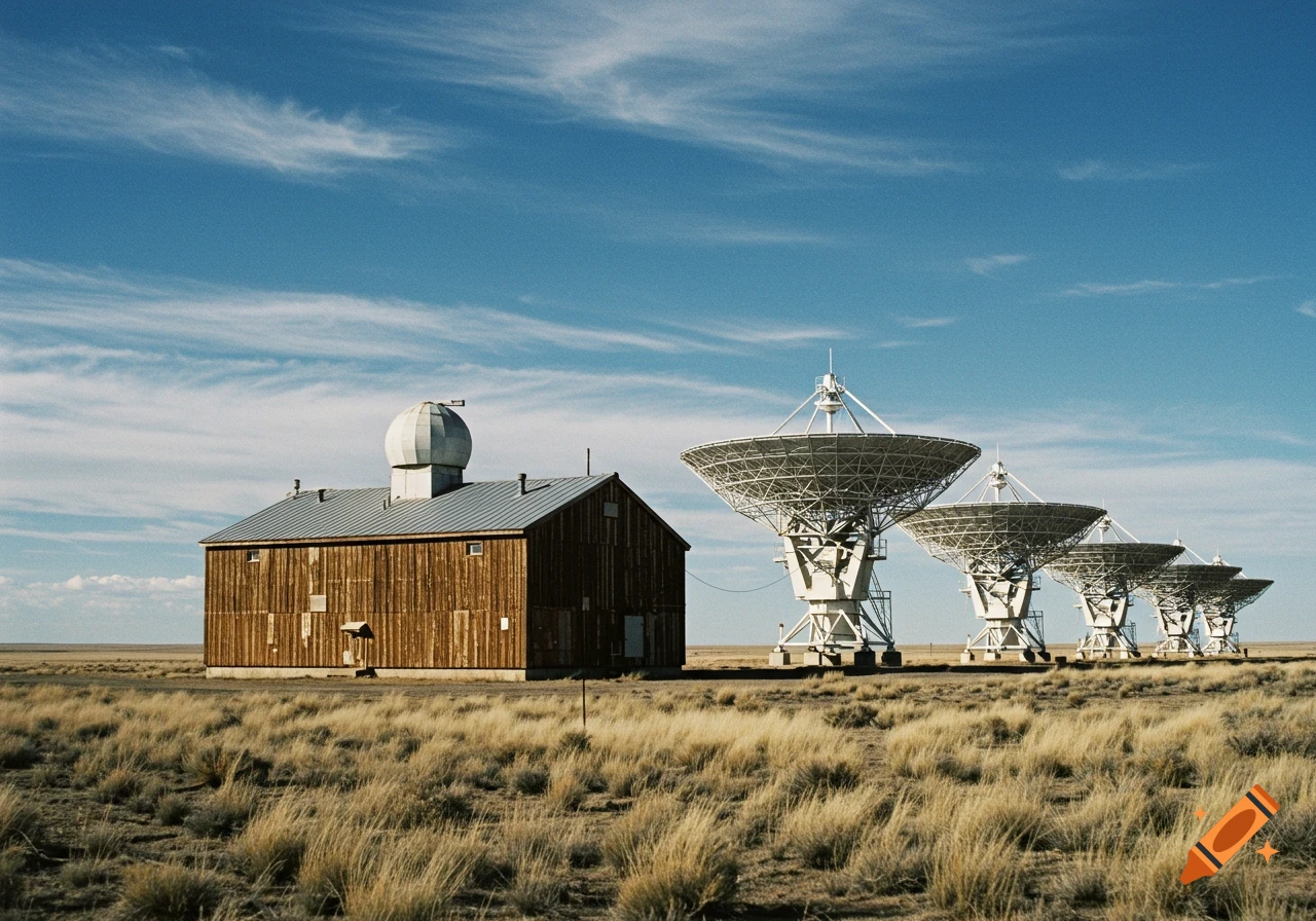 A photorealistic image of a remote radio observatory building and several large satellite dishes in a vast, dry, grassy field.
