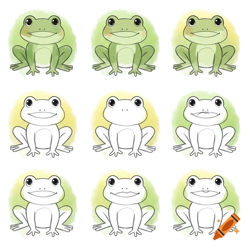 A grid of nine cartoon frogs in simple line art with watercolor-style green and yellow backgrounds.