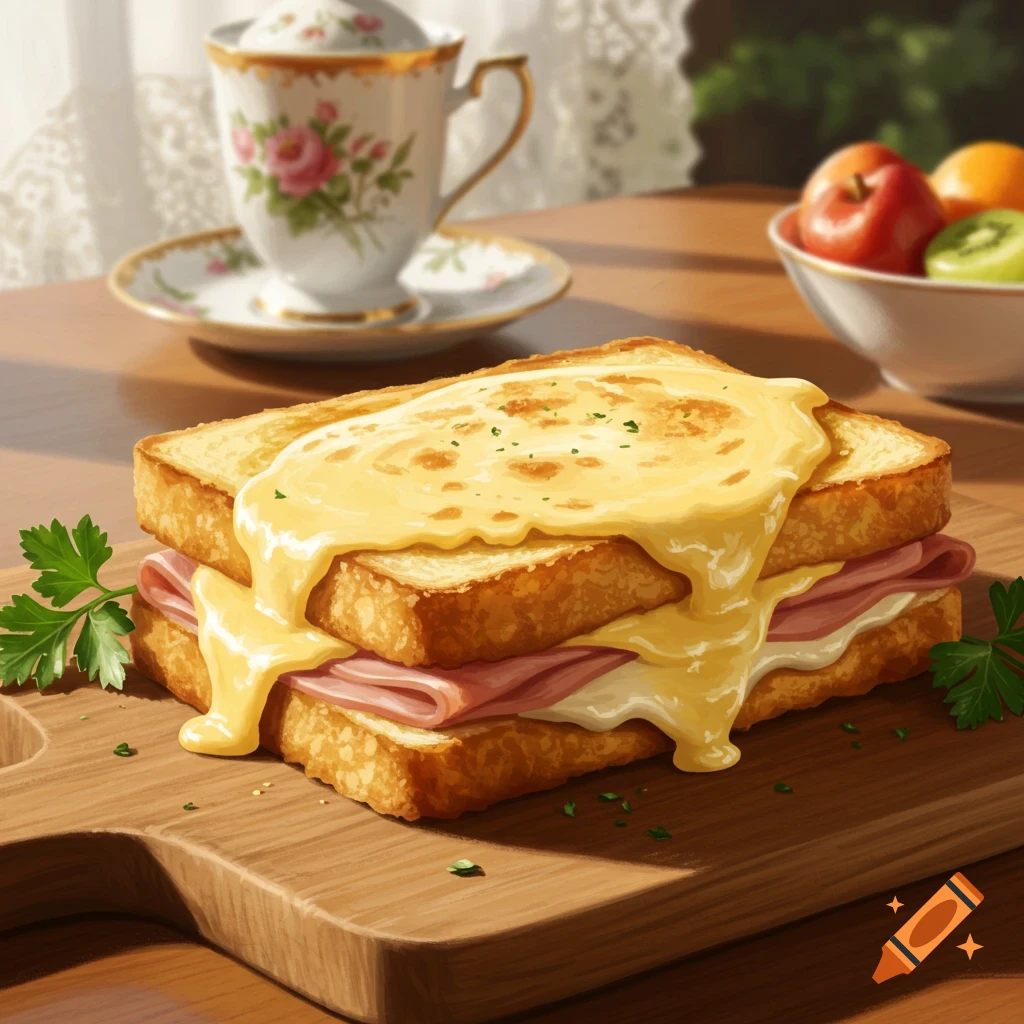 A delicious croque-monsieur sandwich with melted cheese and ham on a wooden board. A teacup and fruit are in the background. Painterly style.
