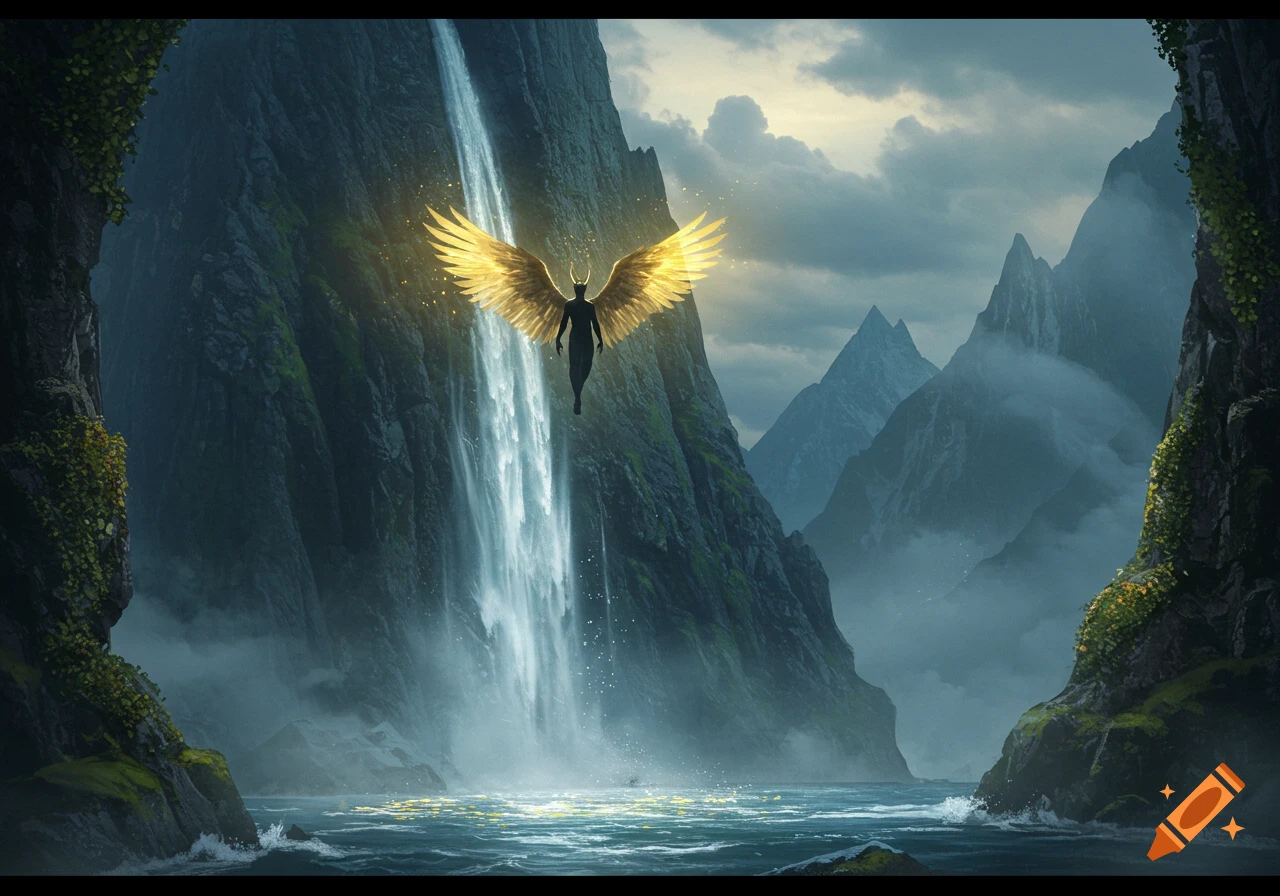 A dark, angelic figure with golden wings and horns hovers before a powerful waterfall in a misty mountain landscape.