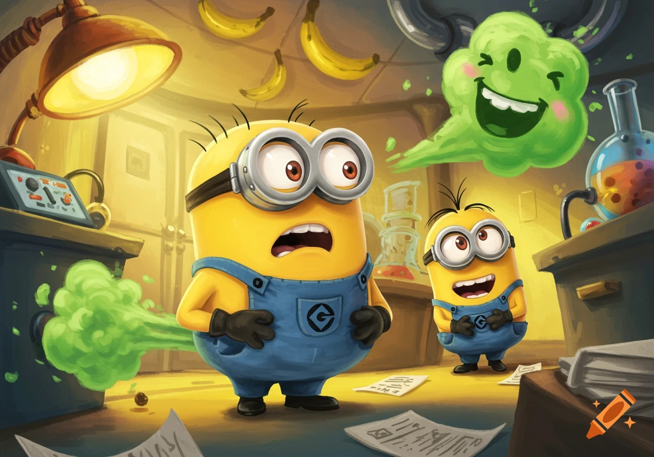 Two Minions in a cartoon lab, one farting green gas from its rear, the other smiling. A happy green gas cloud floats above.
