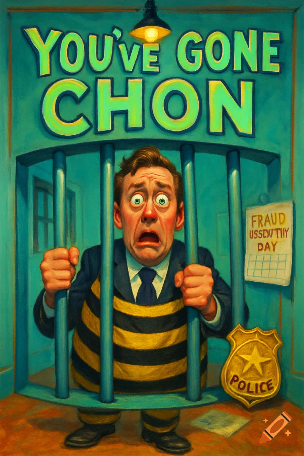 A cartoon man in a suit, wearing yellow and black stripes, looks distressed behind teal prison bars. Above him, green letters spell "YOU'VE GONE CHON". A calendar on the wall says "FRAUD USSENTIIY DAY" and a police badge is on the floor.