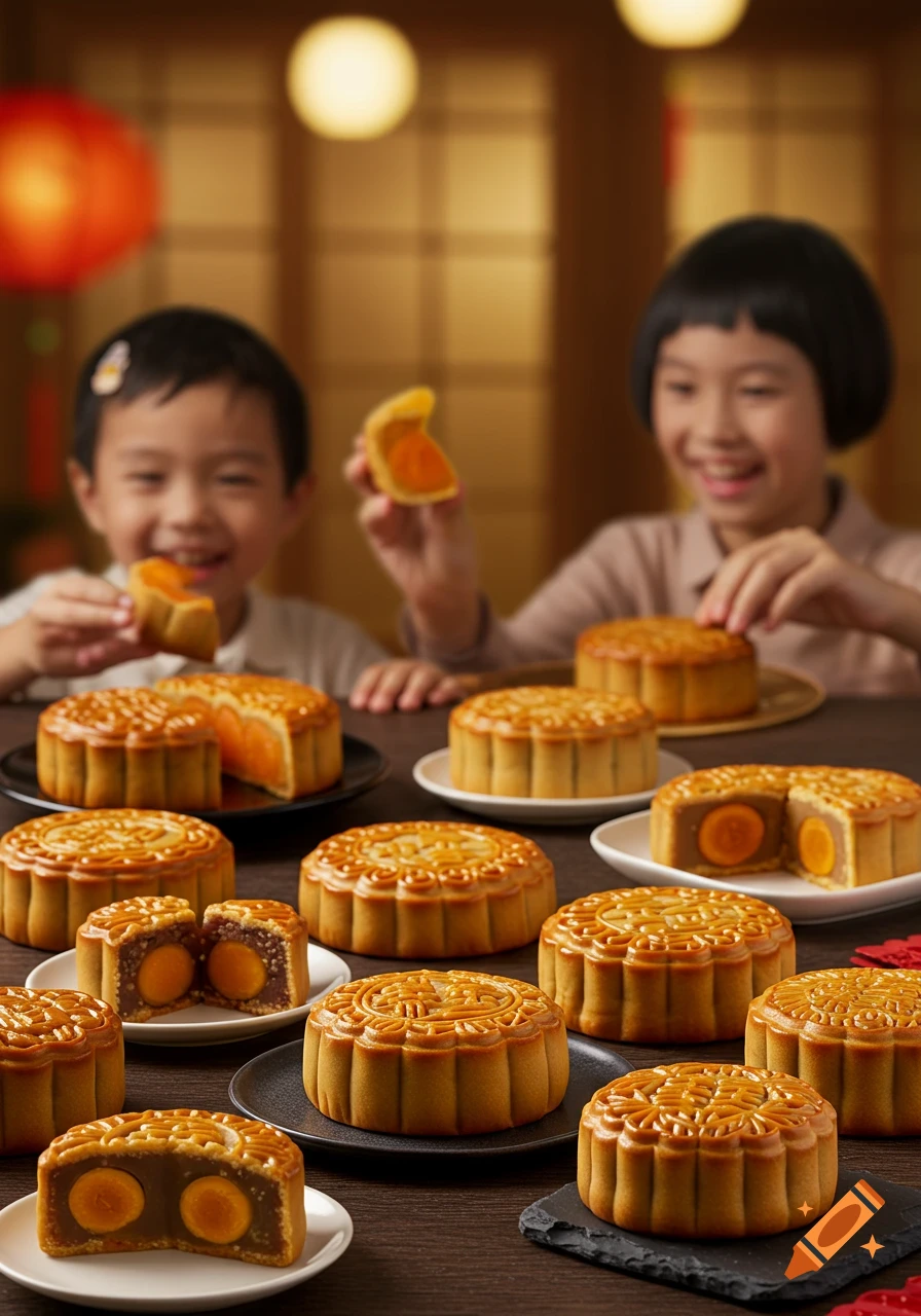 Smiling children enjoy traditional mooncakes with various fillings in a warm, festive setting.