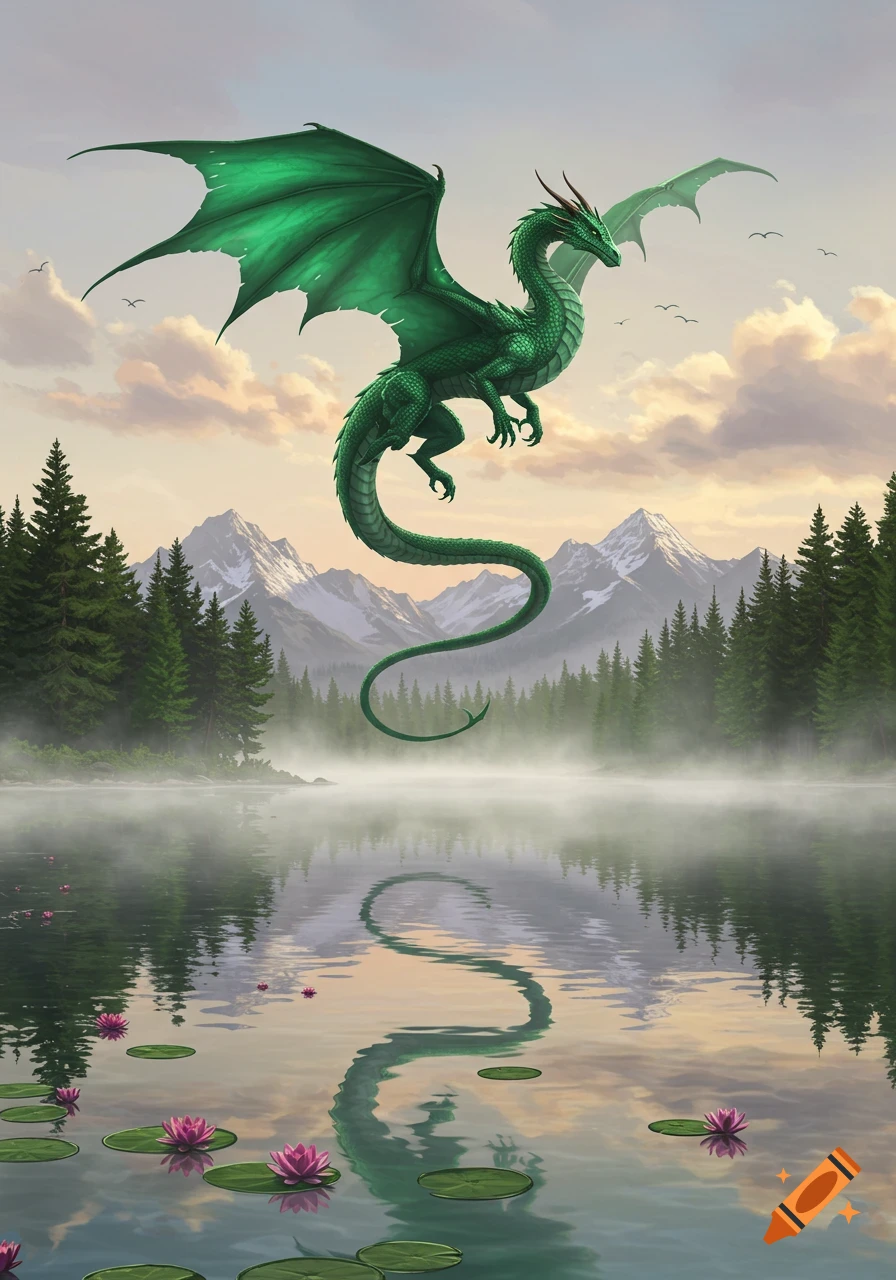 A majestic green dragon soars over a misty mountain lake with pine forests under a sunset sky, its reflection visible in the water.