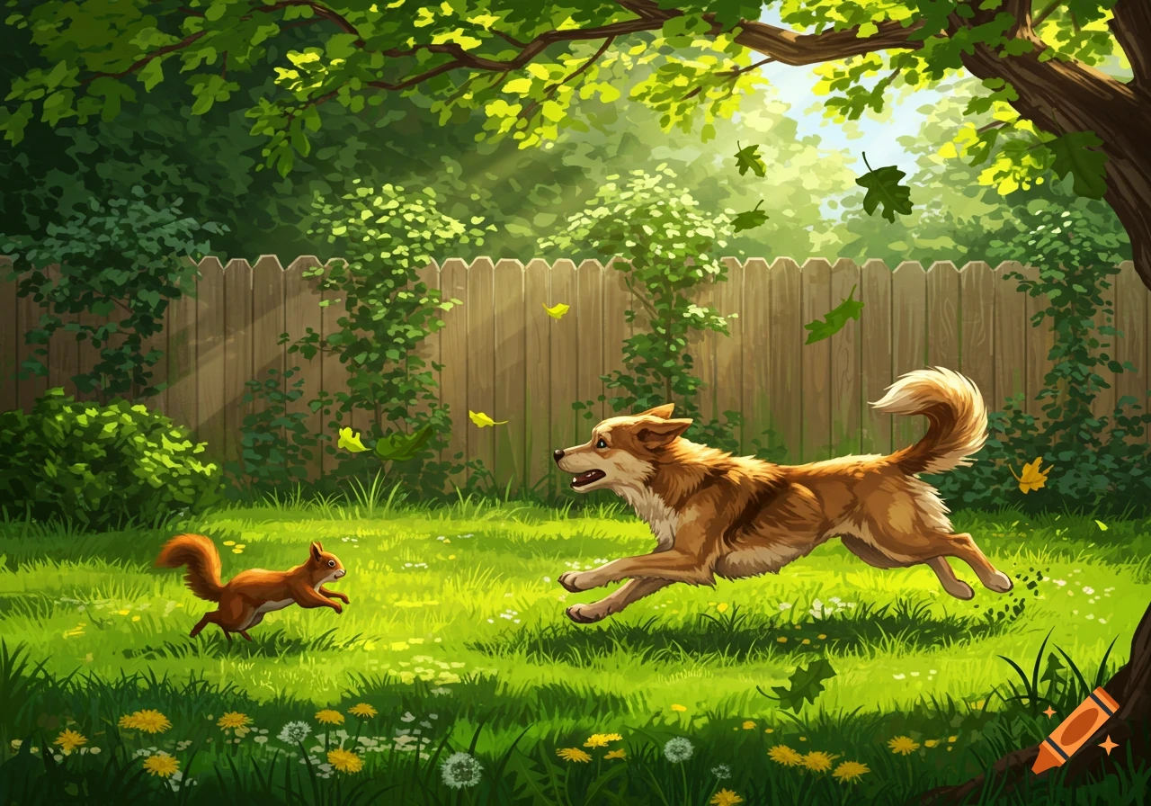 A brown dog playfully chases a squirrel across a bright green backyard under sun-dappled trees. Illustration.