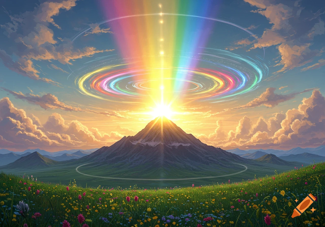 A vibrant landscape with a mountain, bright sun, a rainbow halo, and a field of colorful wildflowers under a cloudy sky.