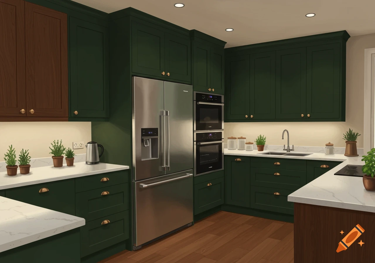 A modern kitchen with dark green and walnut cabinets, stainless steel appliances, and a marble countertop.