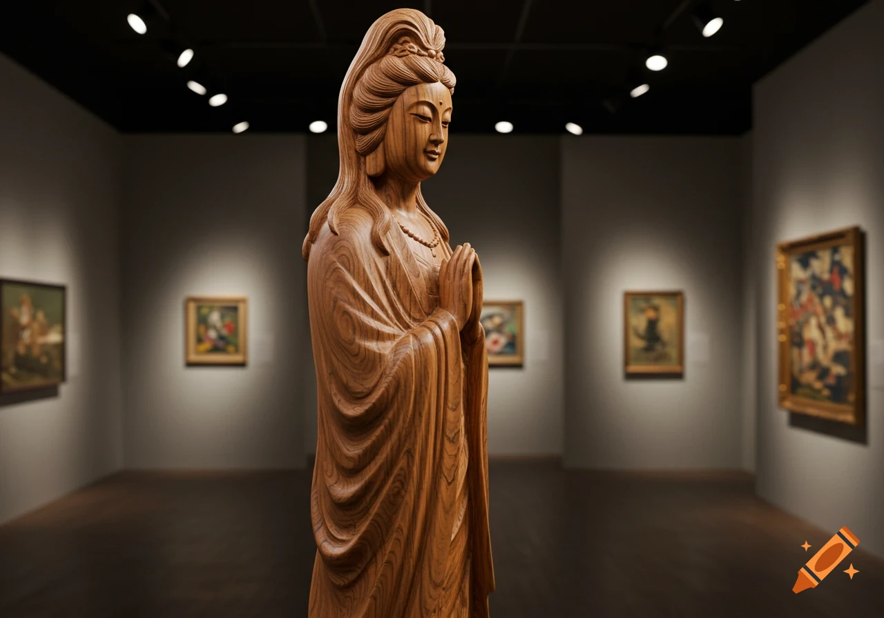 A detailed wooden sculpture of a serene woman, possibly Guanyin, standing in an art museum.