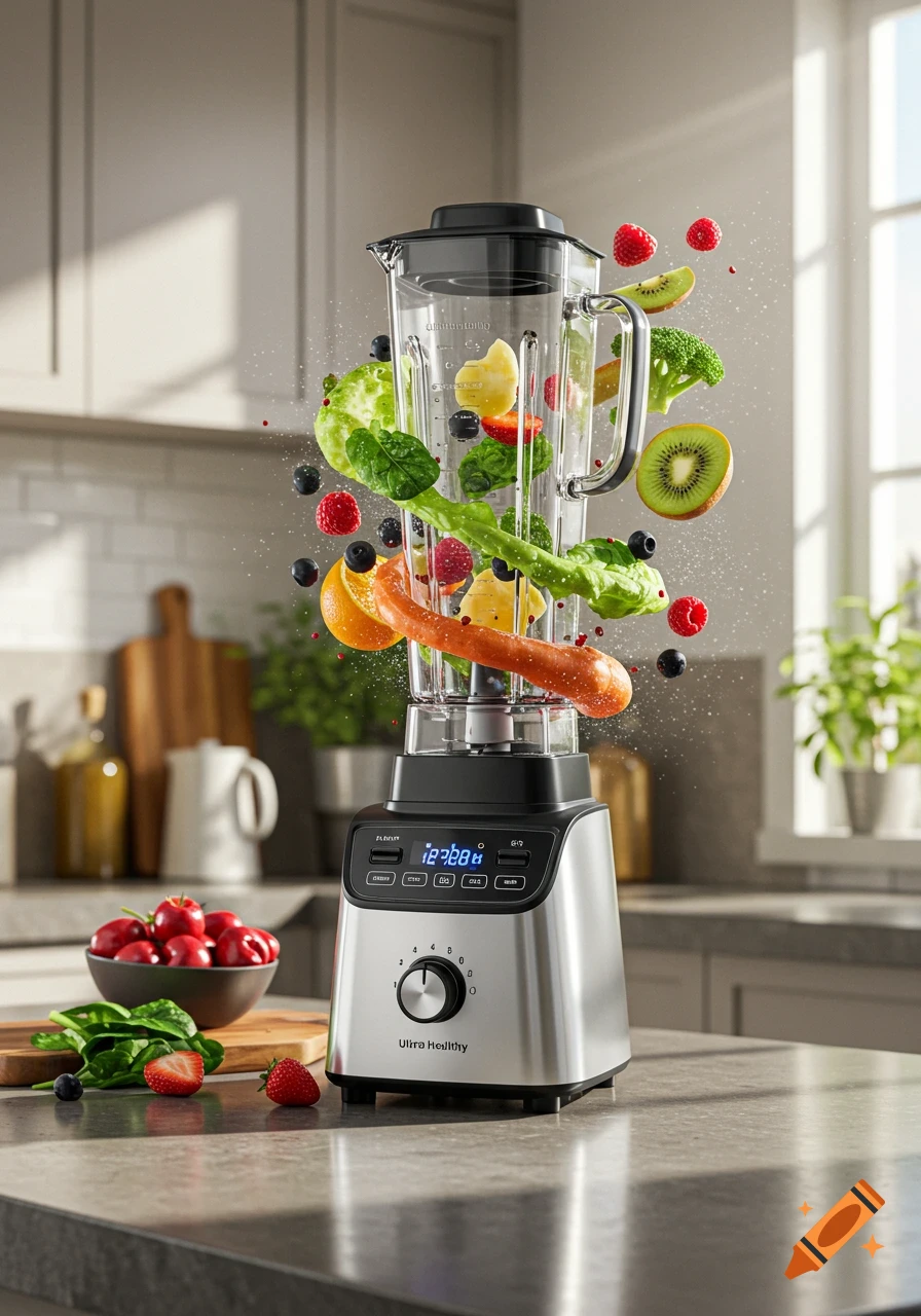 Photorealistic image of a silver 'Ultra Healthy' blender with various fruits and vegetables suspended in air, falling into the jar, on a kitchen counter.