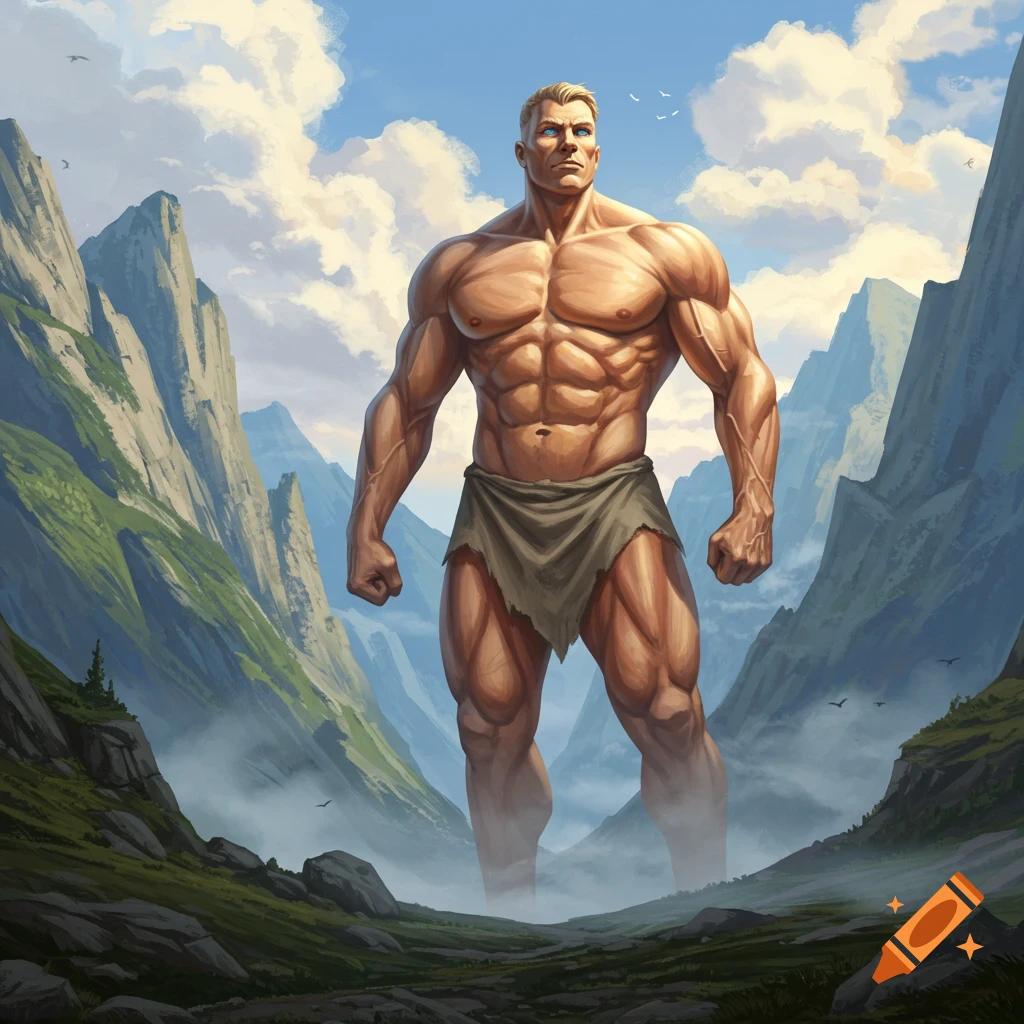 A massive, muscular man in a loincloth stands in a misty mountain valley under a blue sky, in an illustrative style.