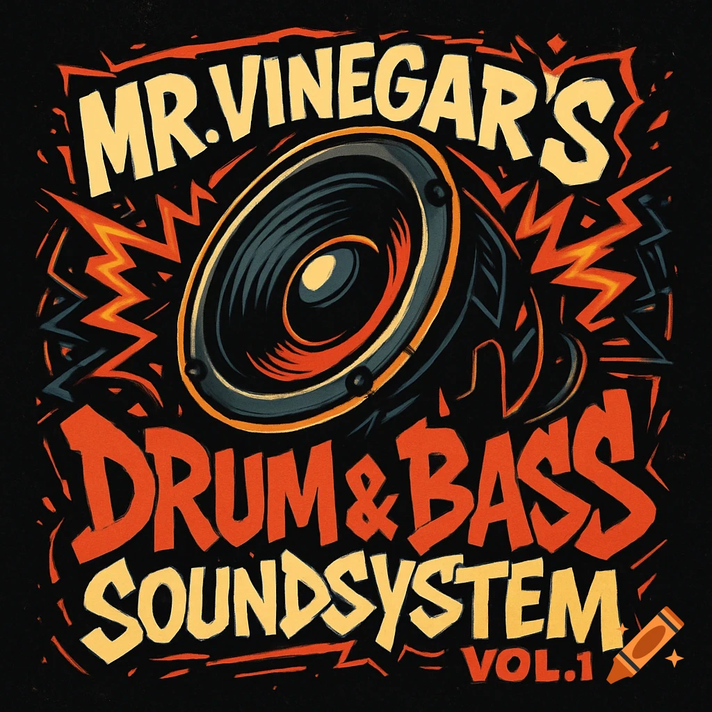 Stylized logo for Mr. Vinegar's Drum & Bass Soundsystem Vol. 1 featuring a large speaker on a black background.