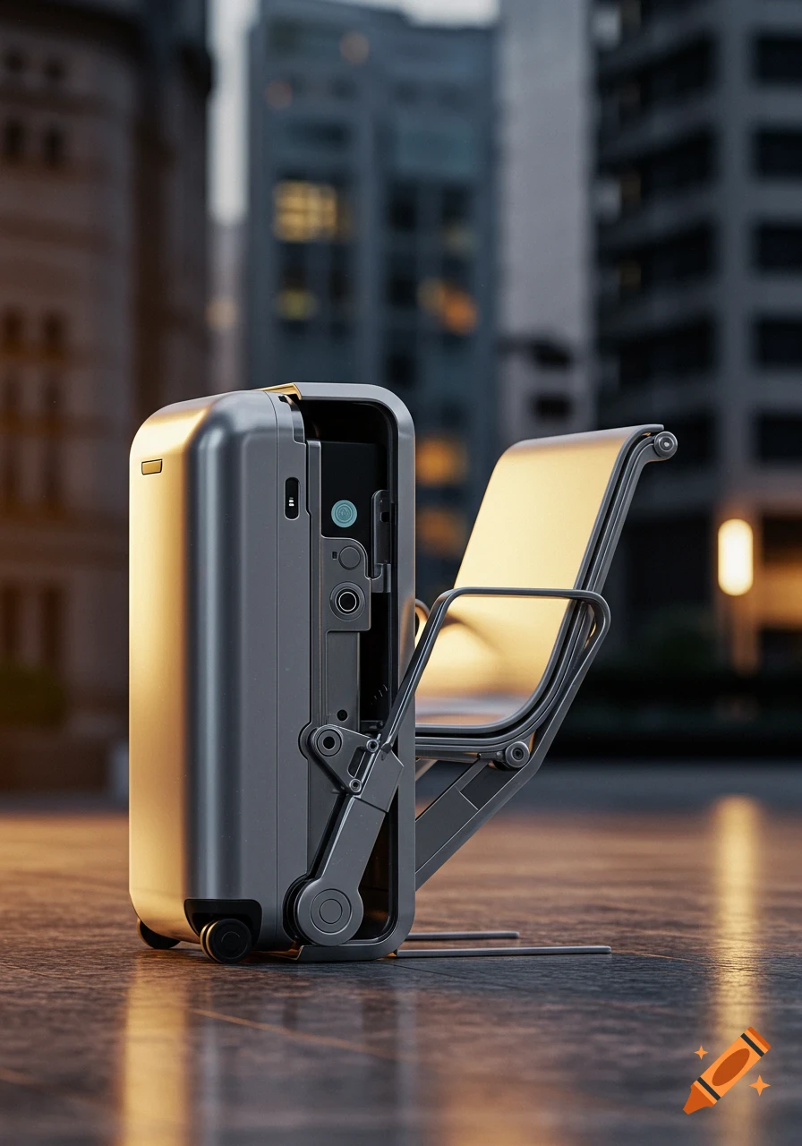 A sleek, silver, futuristic suitcase transforming into a golden chair on a wet city street at dusk.